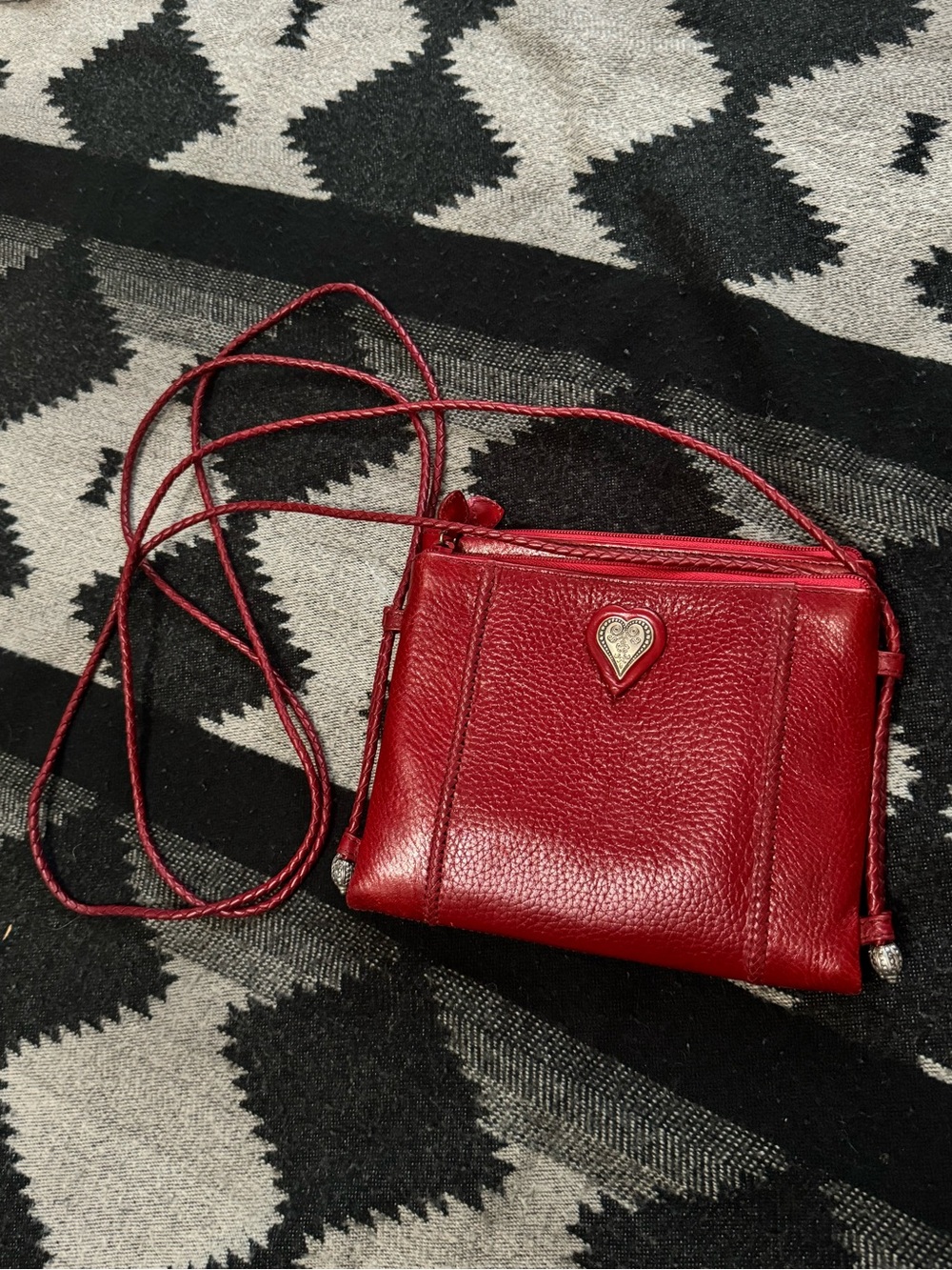 Vintage Red Leather Brighton Crossbody Bag with silver Heart Accent
